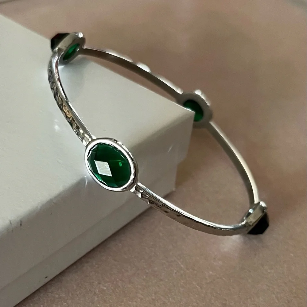 Silver Hammered Bangle Bracelet with Green Faceted Stones